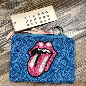 Tiana NY blue and pink beaded rock & roll Stones zippered change purse
